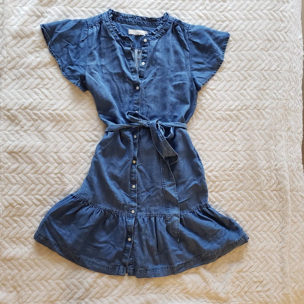 LOFT CHAMBRAY TIE WAIST FLUTTER DRESS